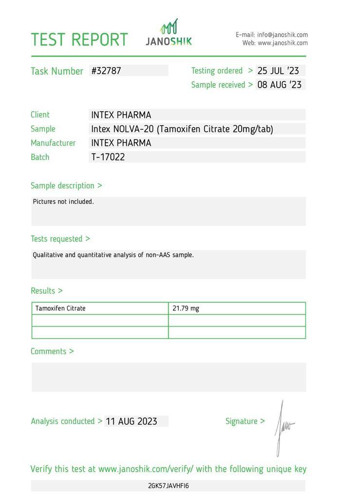 Nolvadex-test report Intex Pharma Nolvadex (Tamoxifen) 20mg