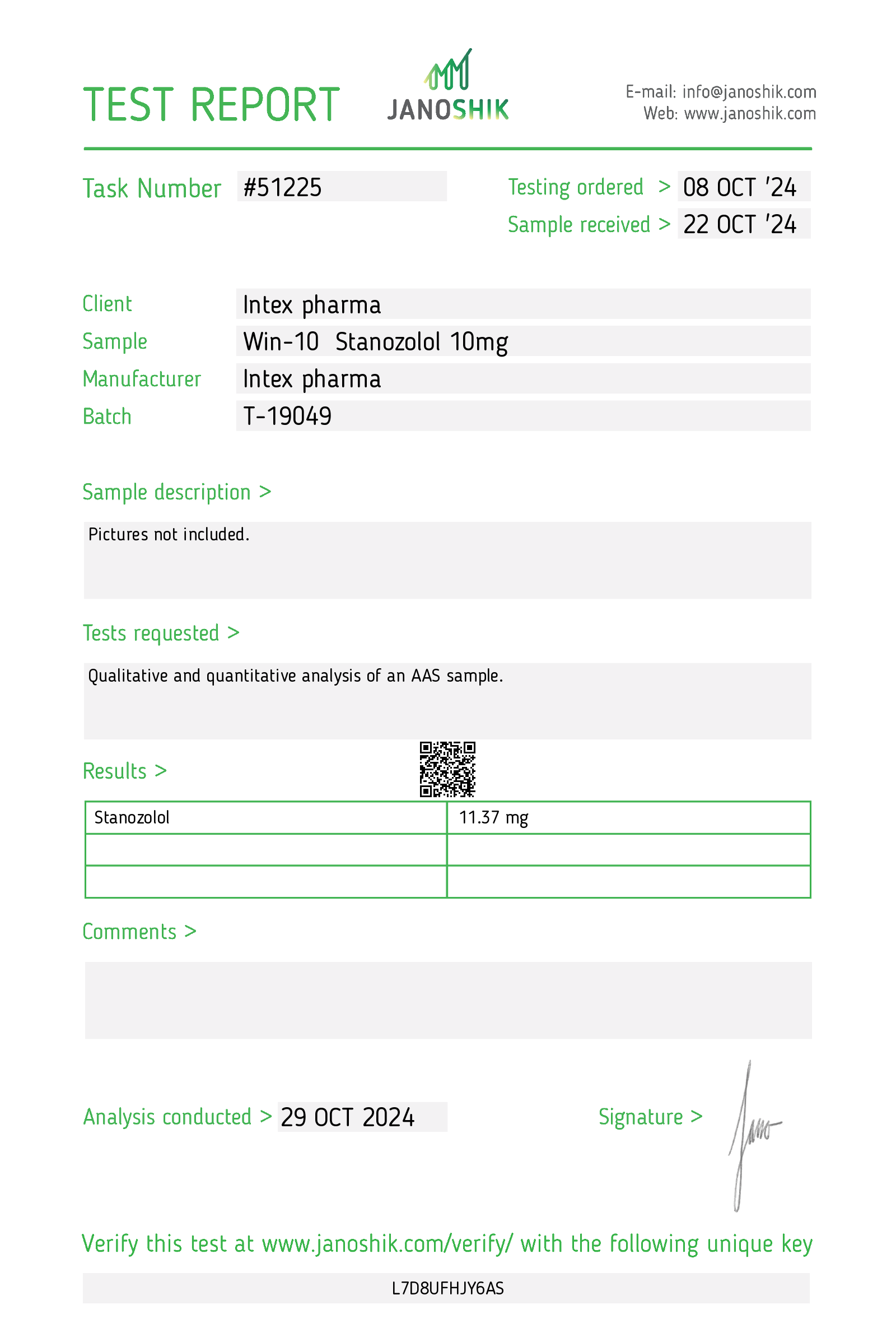 Test-Report-51225 Intex Pharma Winstrol 10mg x 100 tabs